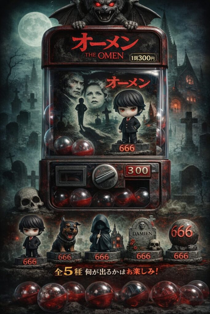 オーメンの世界観を再現したホラー風ガチャポンマシン　ダミアンのフィギュアと666の演出が不気味なアイキャッチ画像