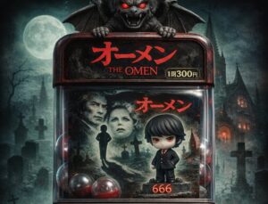 オーメンの世界観を再現したホラー風ガチャポンマシン　ダミアンのフィギュアと666の演出が不気味なアイキャッチ画像