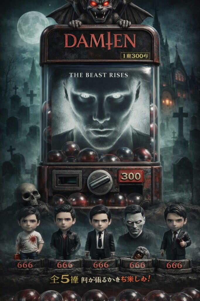 ドラマ版オーメン「DAMIEN」をガチャポン風に表現したホラーアイキャッチ画像　成長したダミアンと666の不気味な世界観
