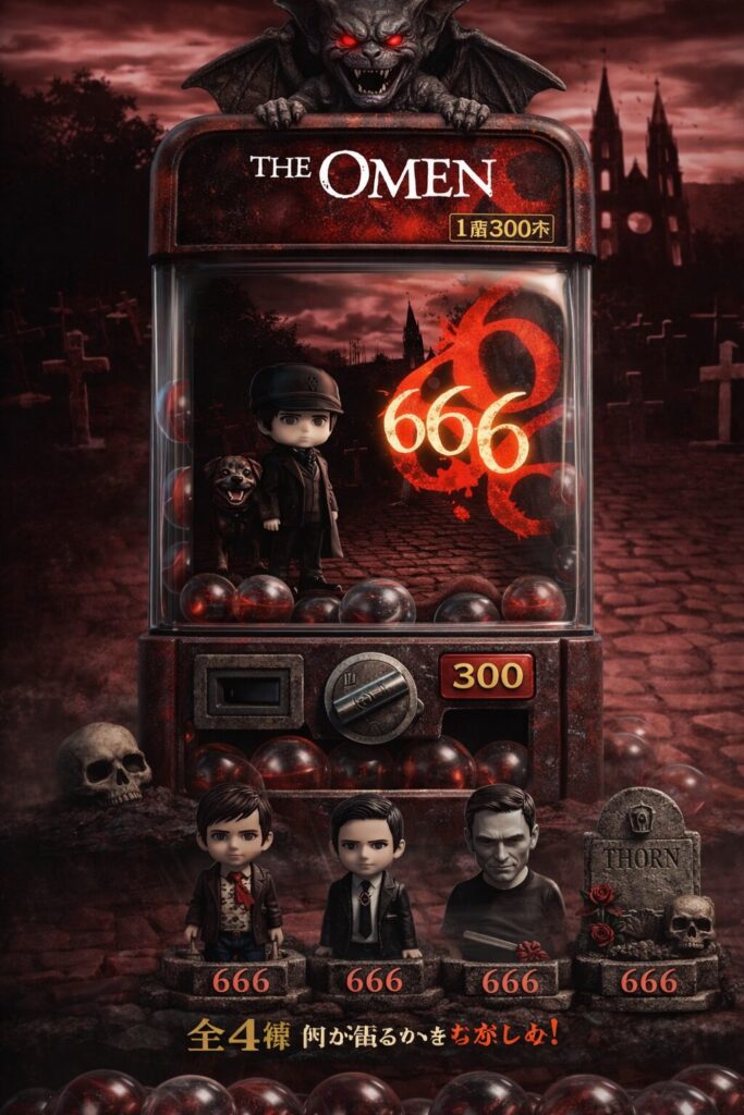 ホラー映画オーメンをガチャポン風に表現したアイキャッチ画像　ダミアンと黒い犬、666が並ぶ不気味な世界観