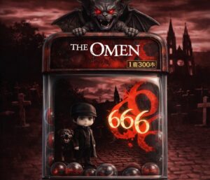 ホラー映画オーメンをガチャポン風に表現したアイキャッチ画像　ダミアンと黒い犬、666が並ぶ不気味な世界観