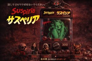 ホラー映画サスペリアをガチャポン風に再現した16対9のアイキャッチ画像　緑の叫ぶ女性と不気味な赤黒の世界観
