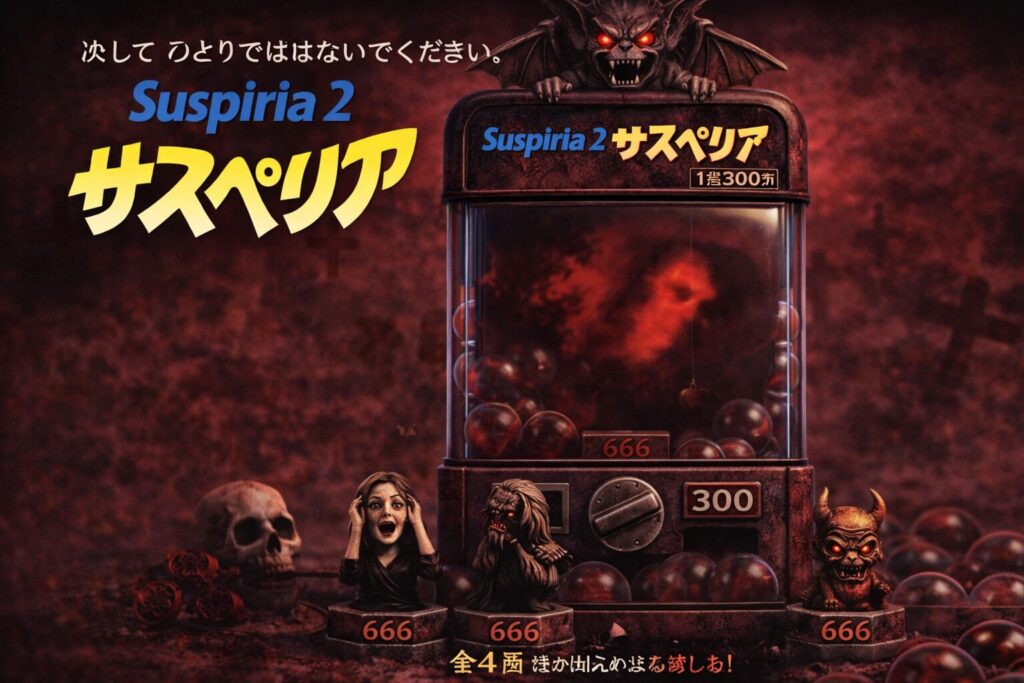 ホラー映画サスペリア2をガチャポン風に再現した16対9のアイキャッチ画像　赤い霧と恐怖に叫ぶ女性が印象的