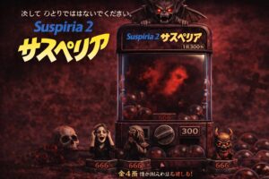 ホラー映画サスペリア2をガチャポン風に再現した16対9のアイキャッチ画像　赤い霧と恐怖に叫ぶ女性が印象的