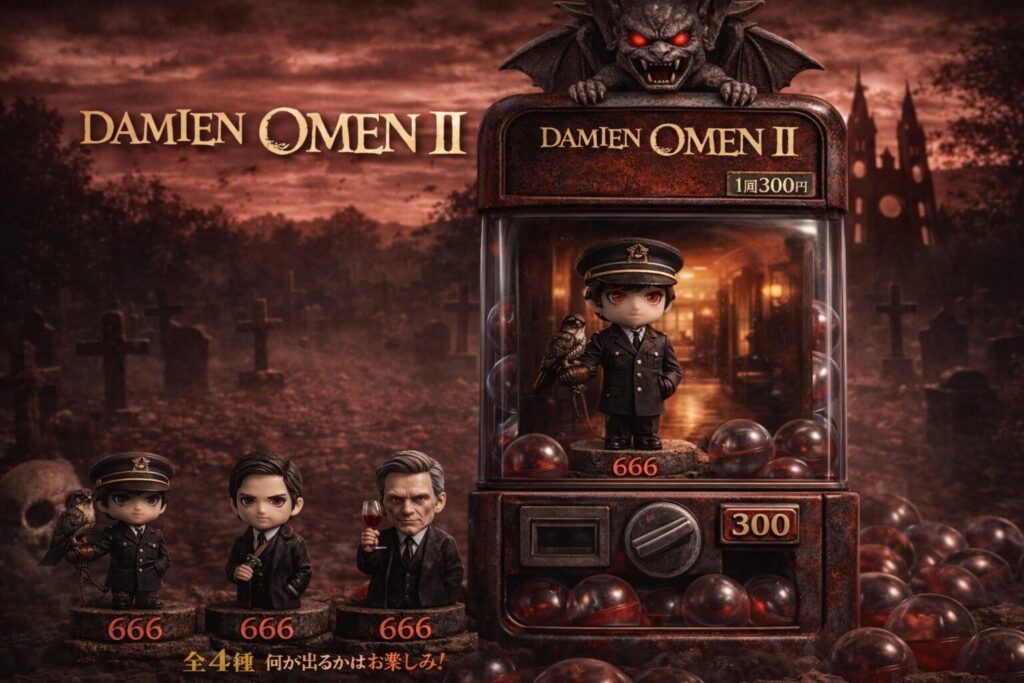 ホラー映画オーメン2 ダミアンをモチーフにしたガチャポン風アイキャッチ画像　墓地背景と666の象徴的演出