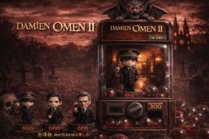 ホラー映画オーメン2 ダミアンをモチーフにしたガチャポン風アイキャッチ画像　墓地背景と666の象徴的演出