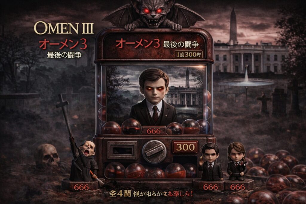 映画オーメン3 最後の闘争をガチャポン風に表現したアイキャッチ画像　成長したダミアンと666の終末的な世界観