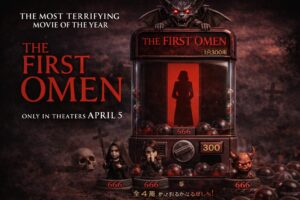 映画ザ・ファースト・オーメンをガチャポン風に表現したアイキャッチ画像　赤い扉と修道女のシルエットが印象的なホラー演出