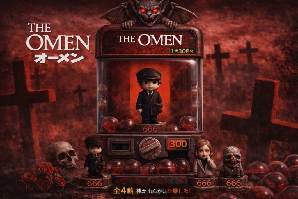 映画オーメンをガチャポン風に再現したアイキャッチ画像　少年ダミアンと赤い背景、666が印象的なホラー演出