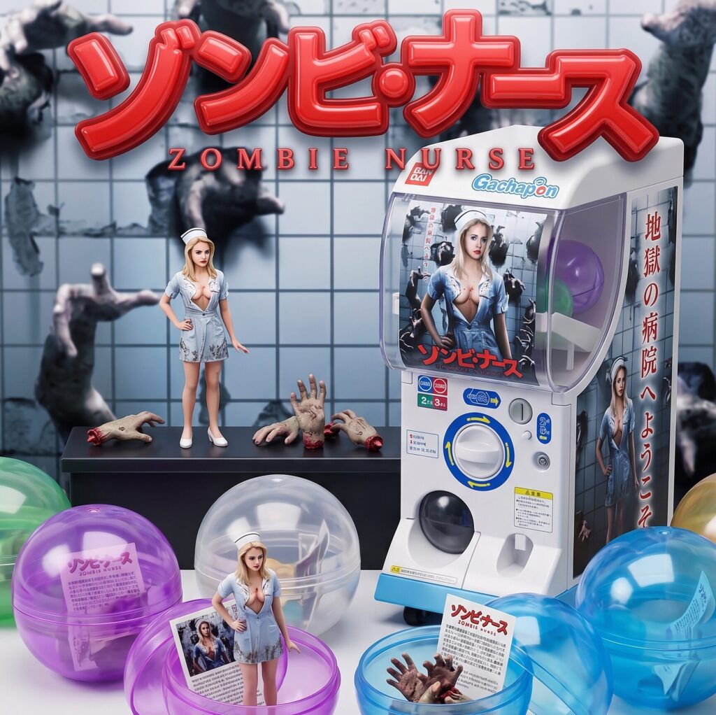 映画「ゾンビ・ナース」を題材にした、架空のカプセルトイ（ガチャポン）シリーズのアイキャッチ画像。背景には映画のポスターが配置され、中央には白と青のガチャポン筐体、その周囲にカプセルから取り出されたナースのミニチュアフィギュアやゾンビの手のパーツが並んでいる。下部にはラインナップ紹介風のアイコンが並び、ホラー映画の不気味さと、ミニチュア玩具としてのコレクション性を掛け合わせた、遊び心のある販促画像風のデザイン。