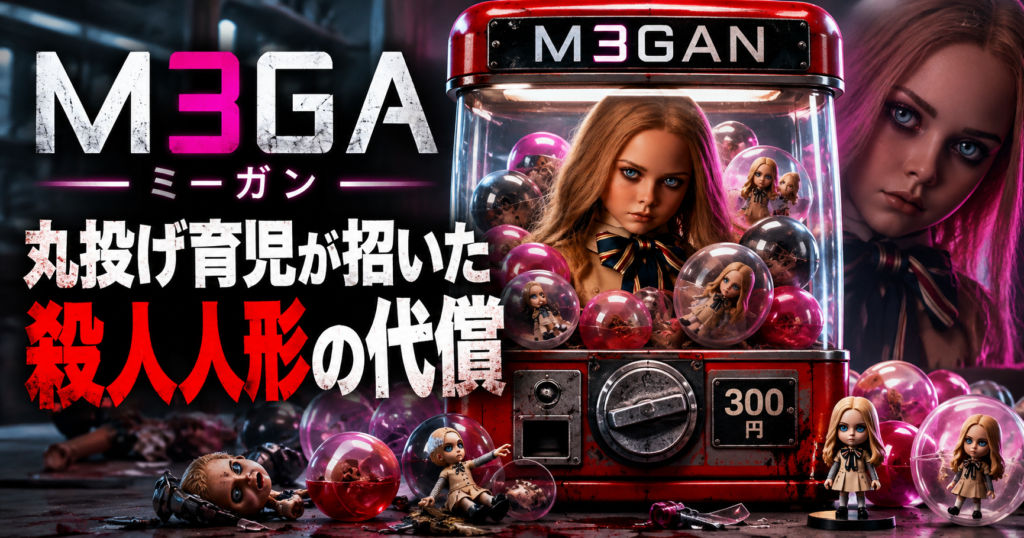 M3GAN／ミーガン 丸投げ育児が招いた殺人人形の代償を表現したガチャポン風アイキャッチ画像