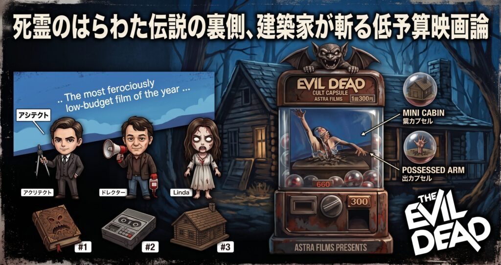 『死霊のはらわた伝説の裏側、建築家が斬る低予算映画論』。映画のキービジュアル、デフォルメキャラ、ガチャポンを組み合わせたアイキャッチ画像。