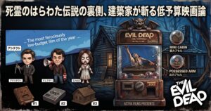 『死霊のはらわた伝説の裏側、建築家が斬る低予算映画論』。映画のキービジュアル、デフォルメキャラ、ガチャポンを組み合わせたアイキャッチ画像。