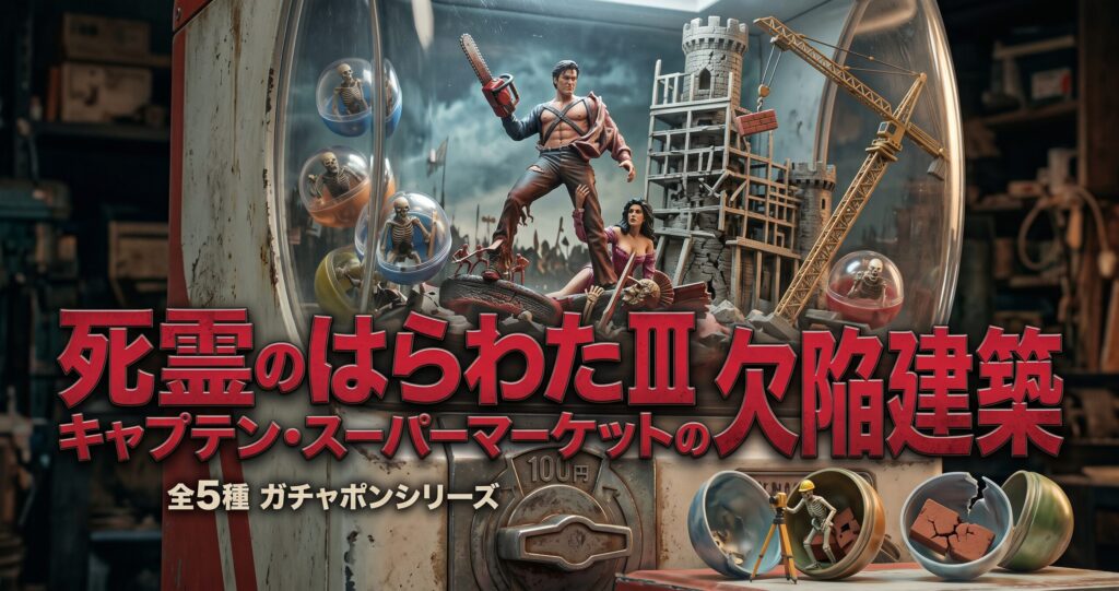 映画『死霊のはらわたIII』と『欠陥建築』をテーマにした、カプセルトイ自販機の詳細なアイキャッチ。自販機内にはアッシュと女性、そして建設中の城塞とクレーンのフィギュアが配置され、赤い日本語テキストで『死霊のはらわたⅢ キャプテン・スーパーマーケットの欠陥建築』と大きく書かれている。前景にはカプセルから出たガイコツとレンガのミニフィギュアがあり、レトロでダークな工房背景。