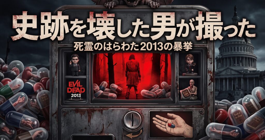 史跡を壊した男が撮った死霊のはらわた2013の暴挙という大きな文字が入ったアイキャッチ画像。中央に赤い森と後ろ姿が映るガチャポンマシーンと怪しげなカプセルが描かれたダークホラー風デザイン。