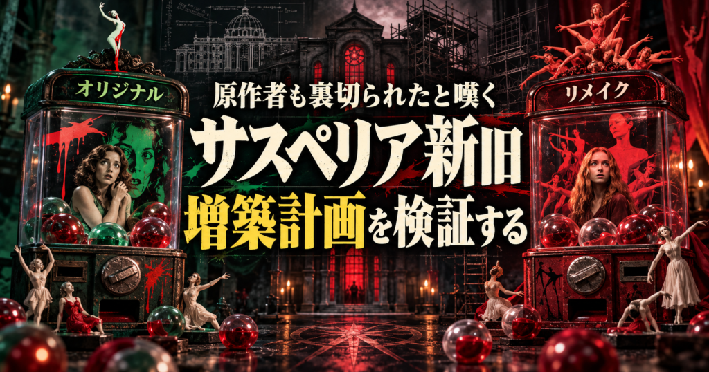 サスペリア新旧を緑と赤のガチャポン風に表現し、増築計画を検証する記事のアイキャッチ画像