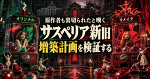 サスペリア新旧を緑と赤のガチャポン風に表現し、増築計画を検証する記事のアイキャッチ画像